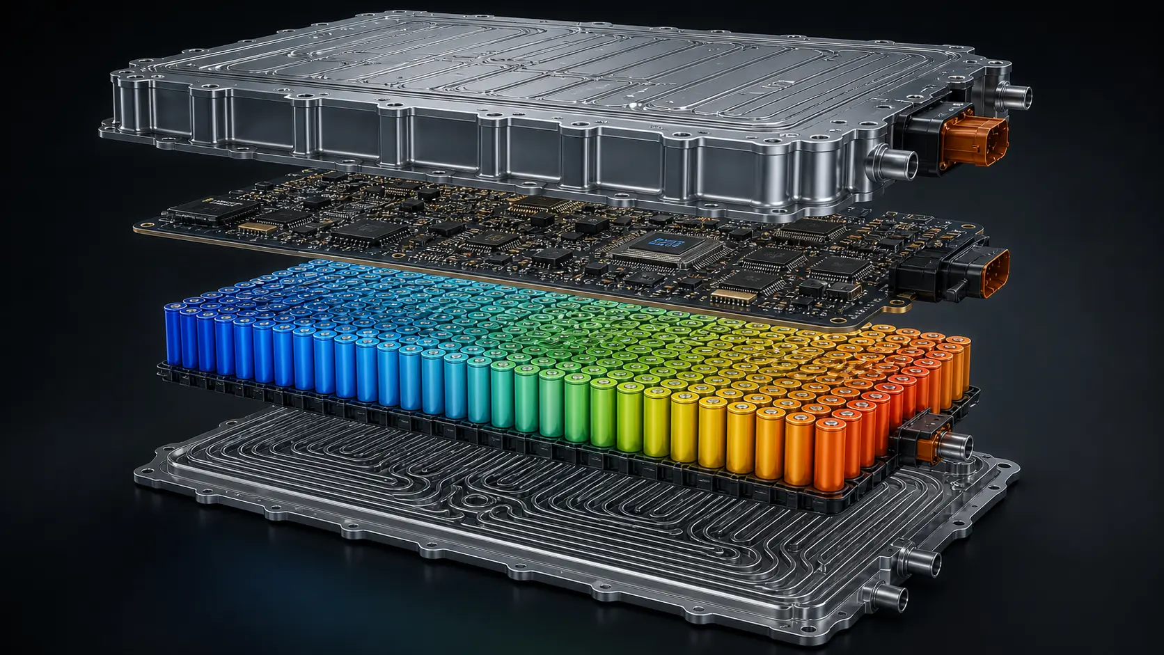 Exploded view of an EV battery pack showing enclosure, BMS board, cell array, and cooling plate layers