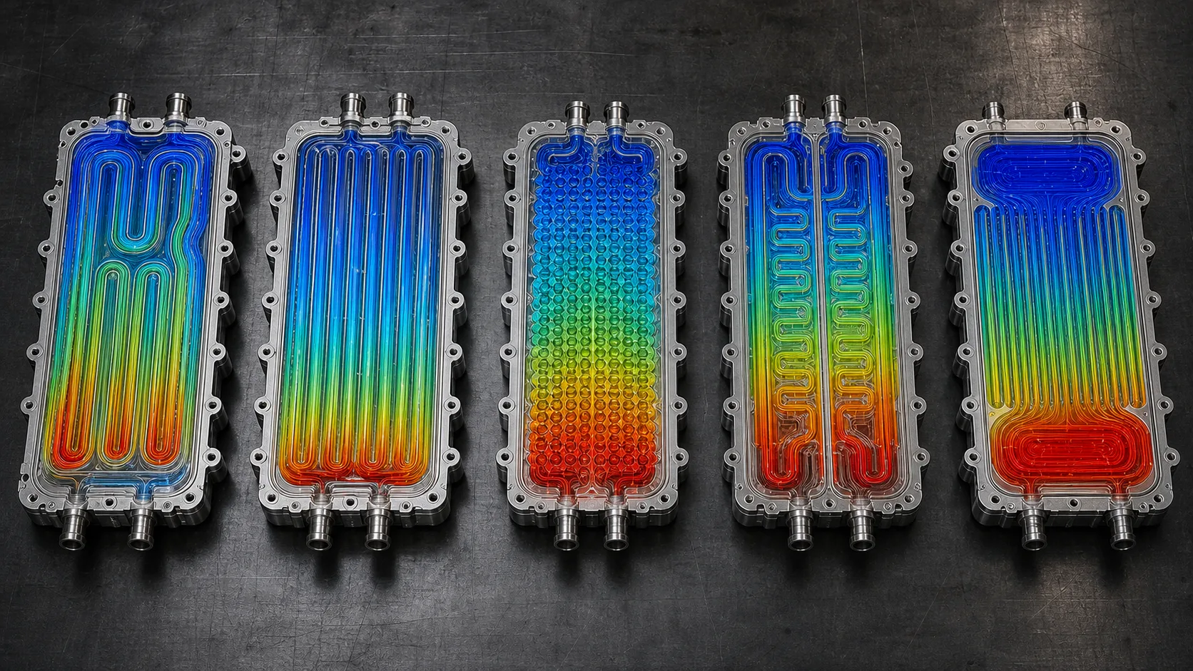 Row of five battery cooling plate design variants, each showing a different coolant flow simulation result