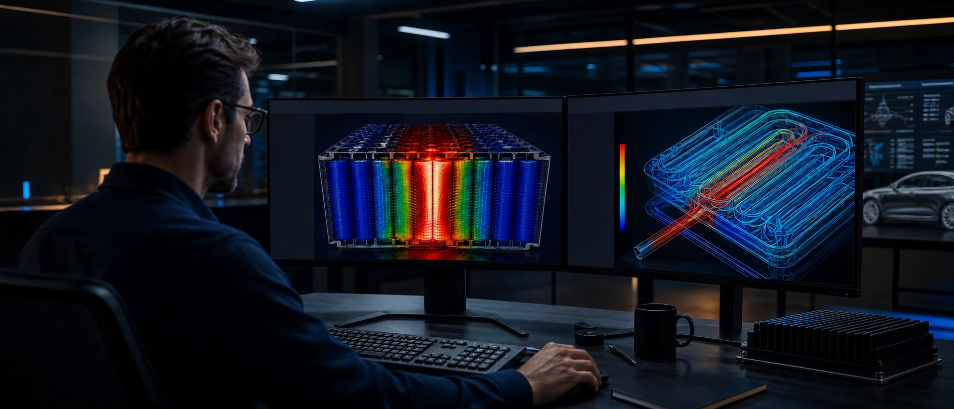 Engineer reviewing dual-monitor battery pack thermal and cooling plate simulation results at a workstation