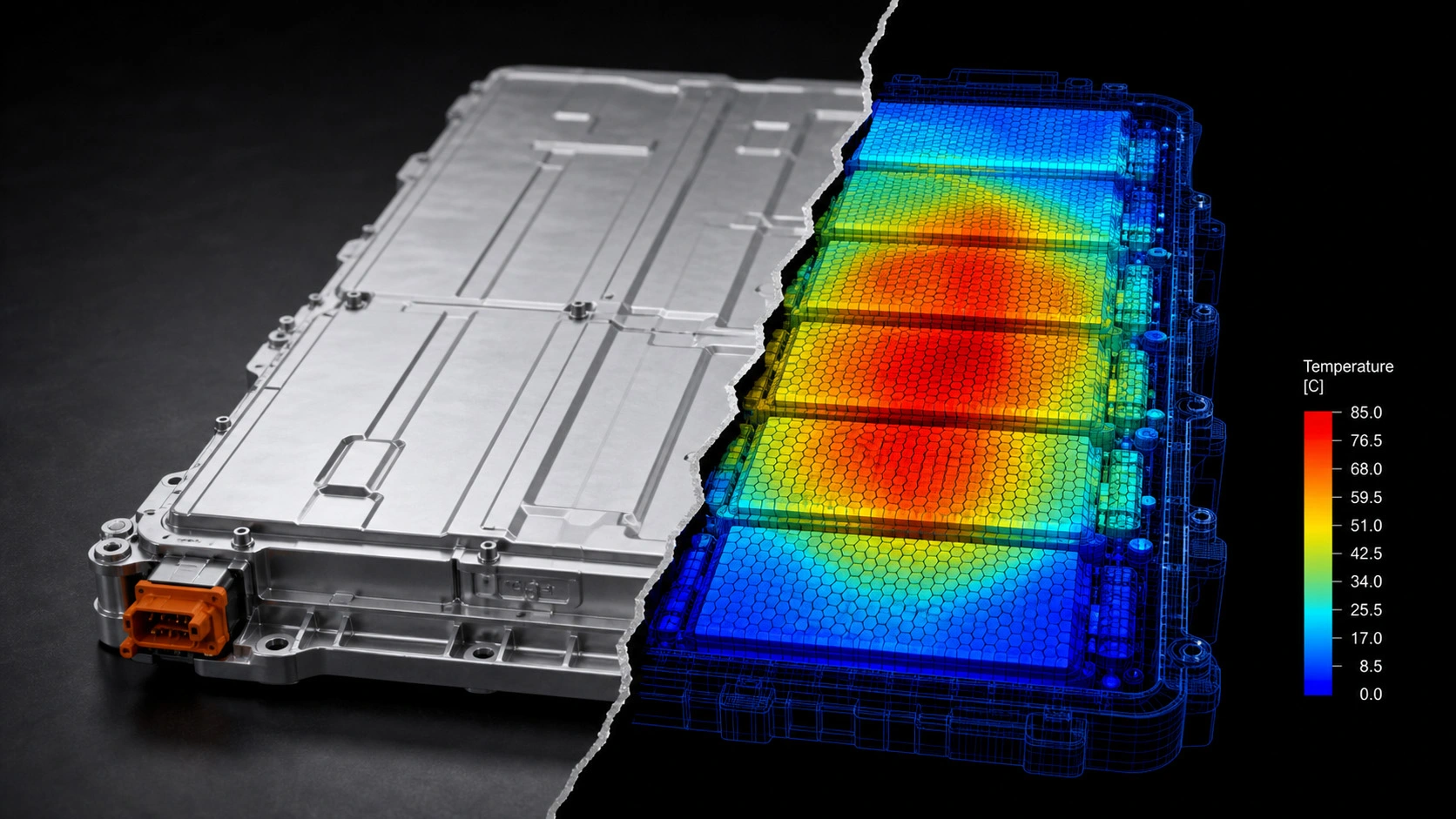 Battery pack enclosure split down the middle by a fracture line, one side plain and unlit, the other revealing a glowing FEA thermal simulation underneath