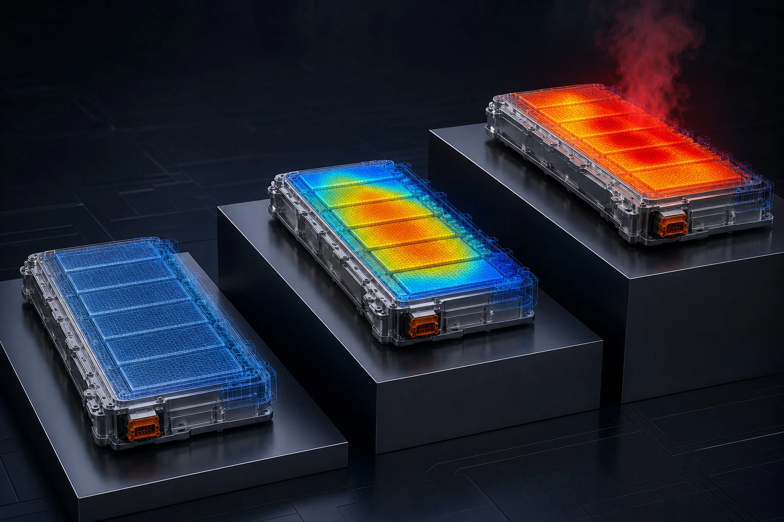 Three battery packs on ascending platforms, each showing a progressively more intense thermal simulation overlay, representing escalating cost the later a flaw is caught