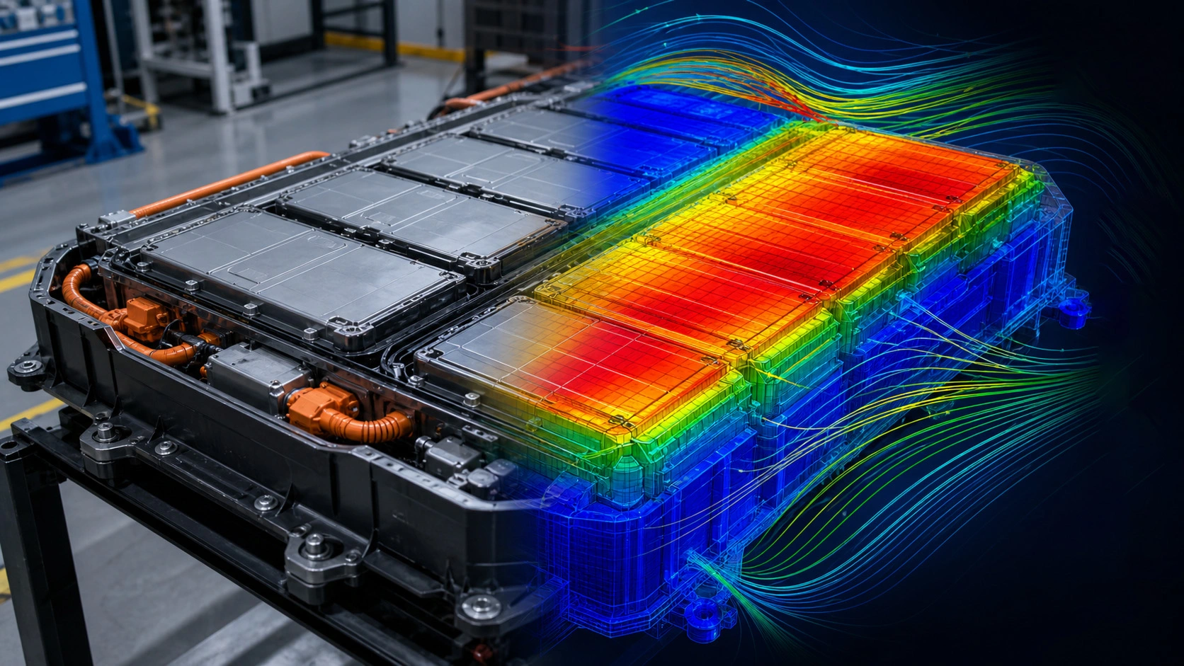 Split image of a physical EV battery pack next to its simulated FEA thermal model with CFD streamlines, representing the shift to simulation-first validation