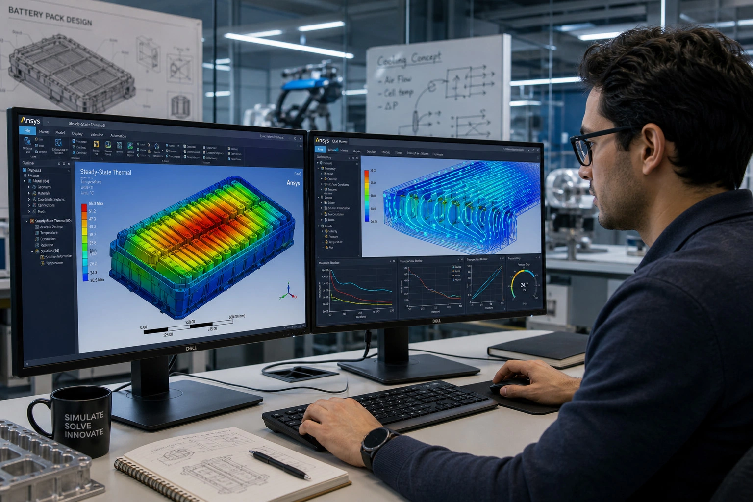 Engineer reviewing battery pack thermal simulation and cooling plate CFD results on dual monitors in a lab