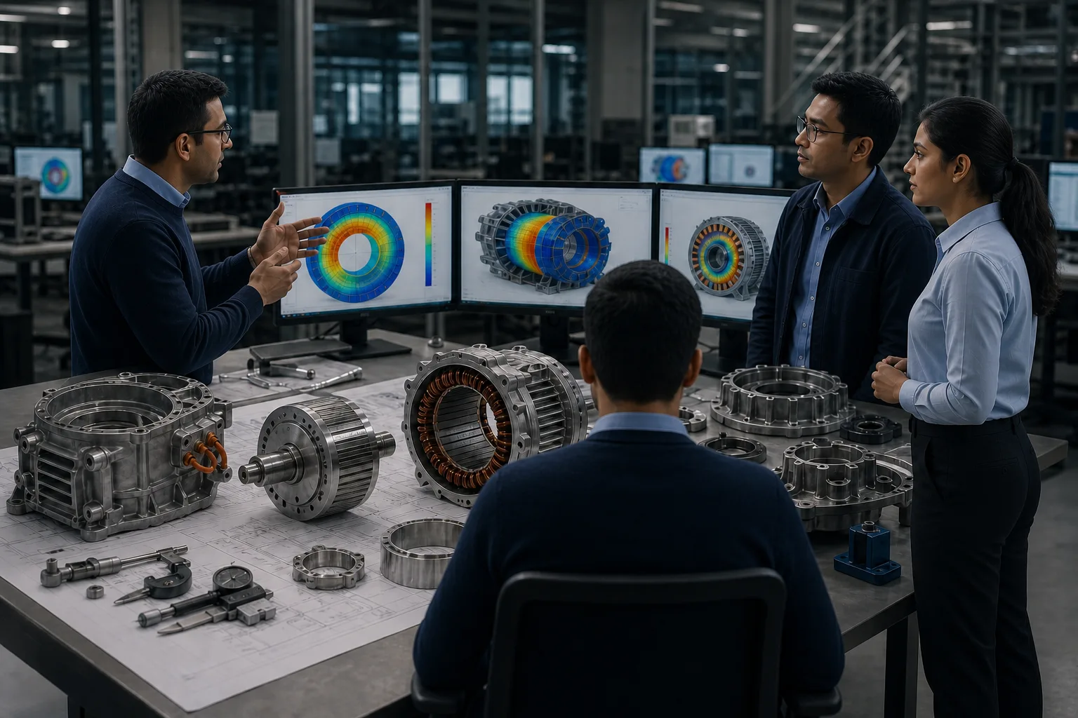 Owning the design, not just the build: an engineering team reviewing FEA results on a motor teardown — the shift PLI DVA rules are quietly forcing
