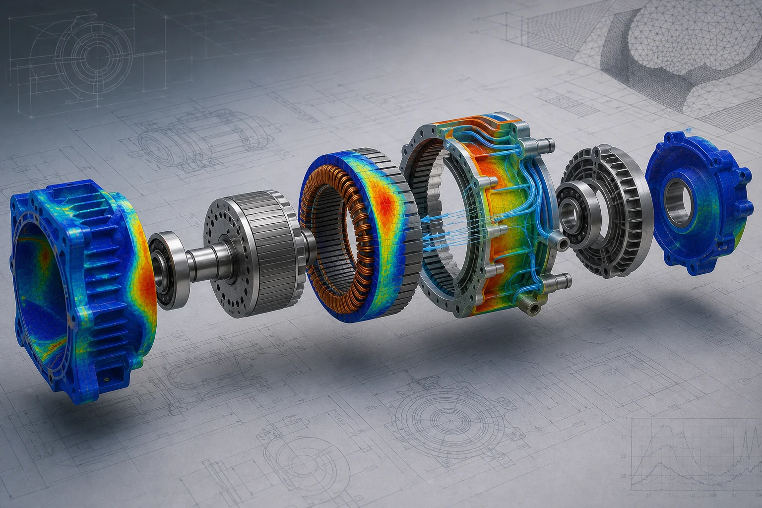 Exploded view of a motor with per-component stress and thermal maps — each subsystem must be engineered in-country, not just assembled