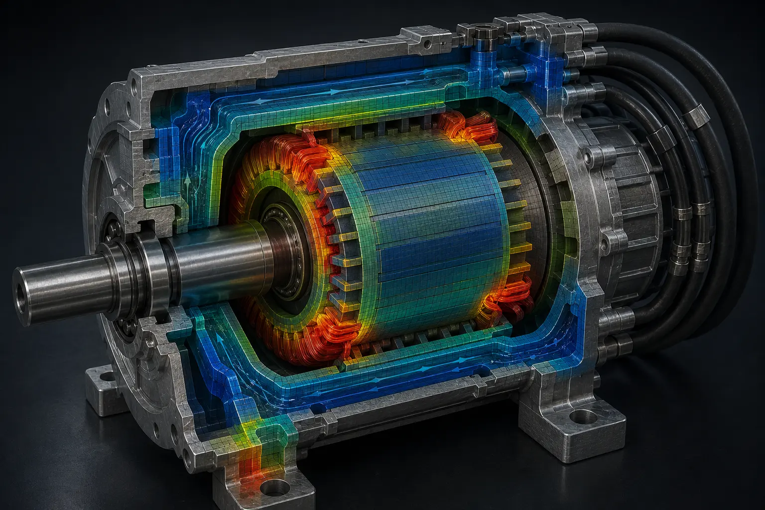 Heat concentrated at the winding ends on a cross-sectioned e-motor — the zone a coupled EMag-thermal loop is built to track before it reaches the magnets